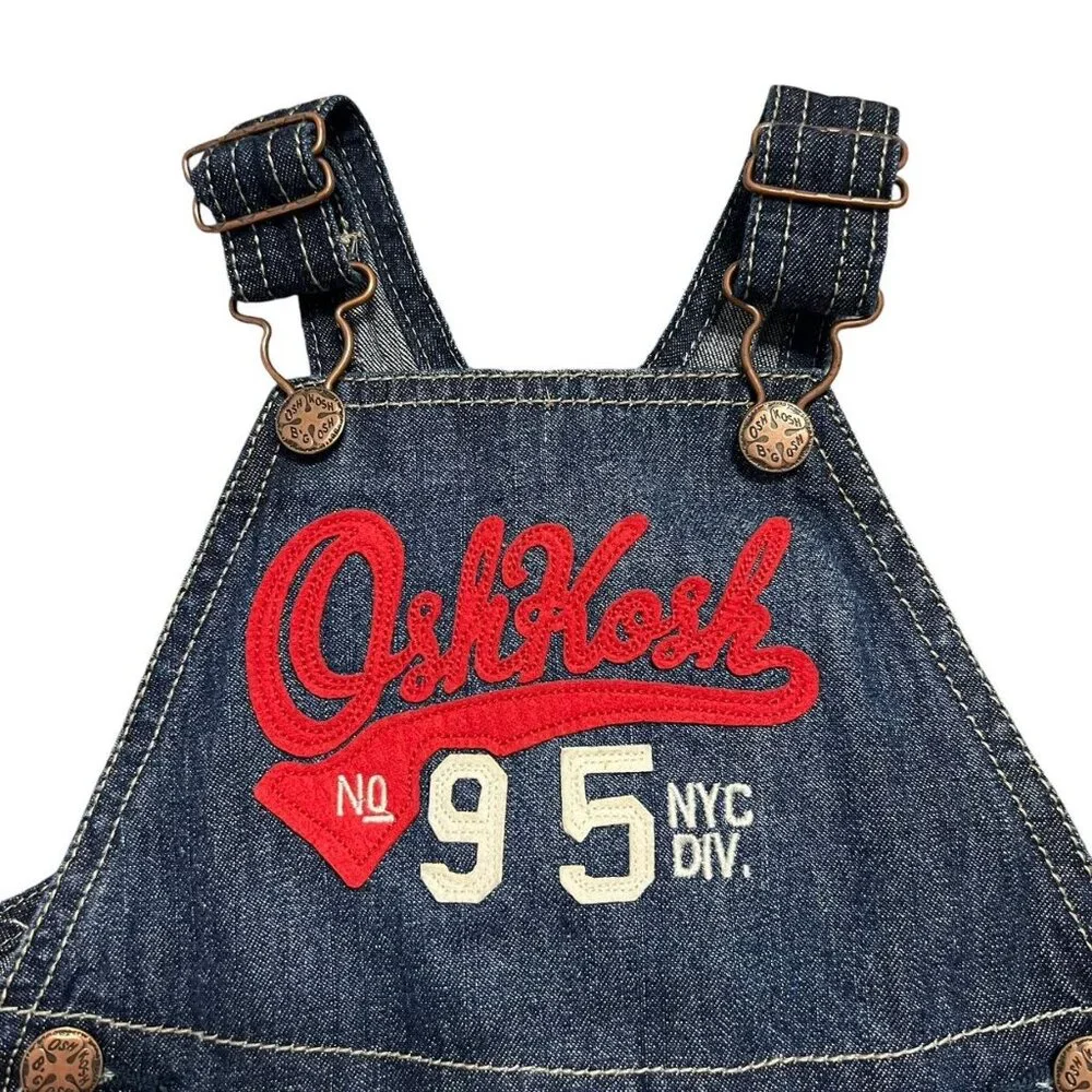 OshKosh 18m Denim Red Logo Appliqué Overalls